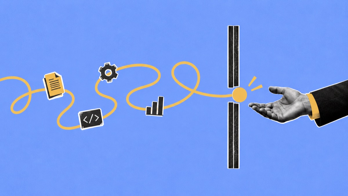 A yellow thread winds through a document, code, a gear and a chart, then crosses a boundary line to reach an open human hand.