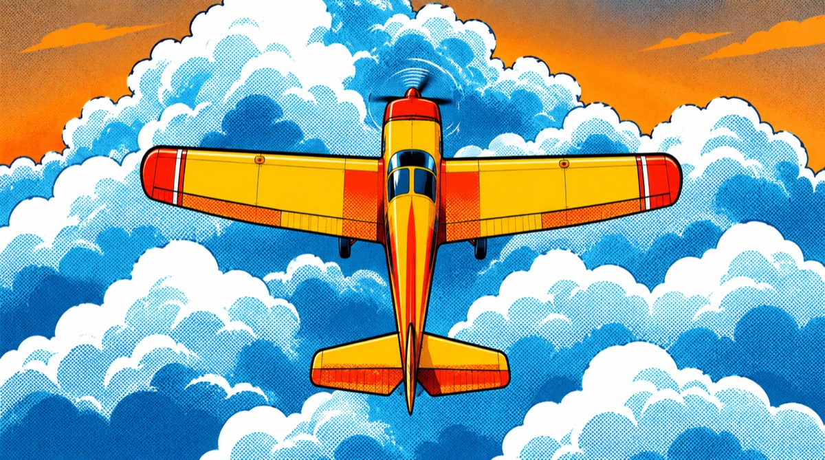 A yellow and red propeller plane flying above blue-and-white clouds